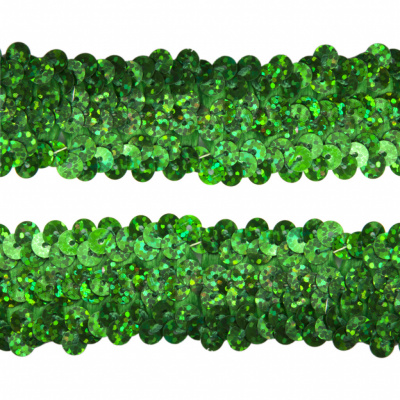 Тесьма с пайетками D4, шир. 30 мм/уп. 25+/-1 м, цвет зелёный - купить в Евпатории. Цена: 1 098.48 руб.